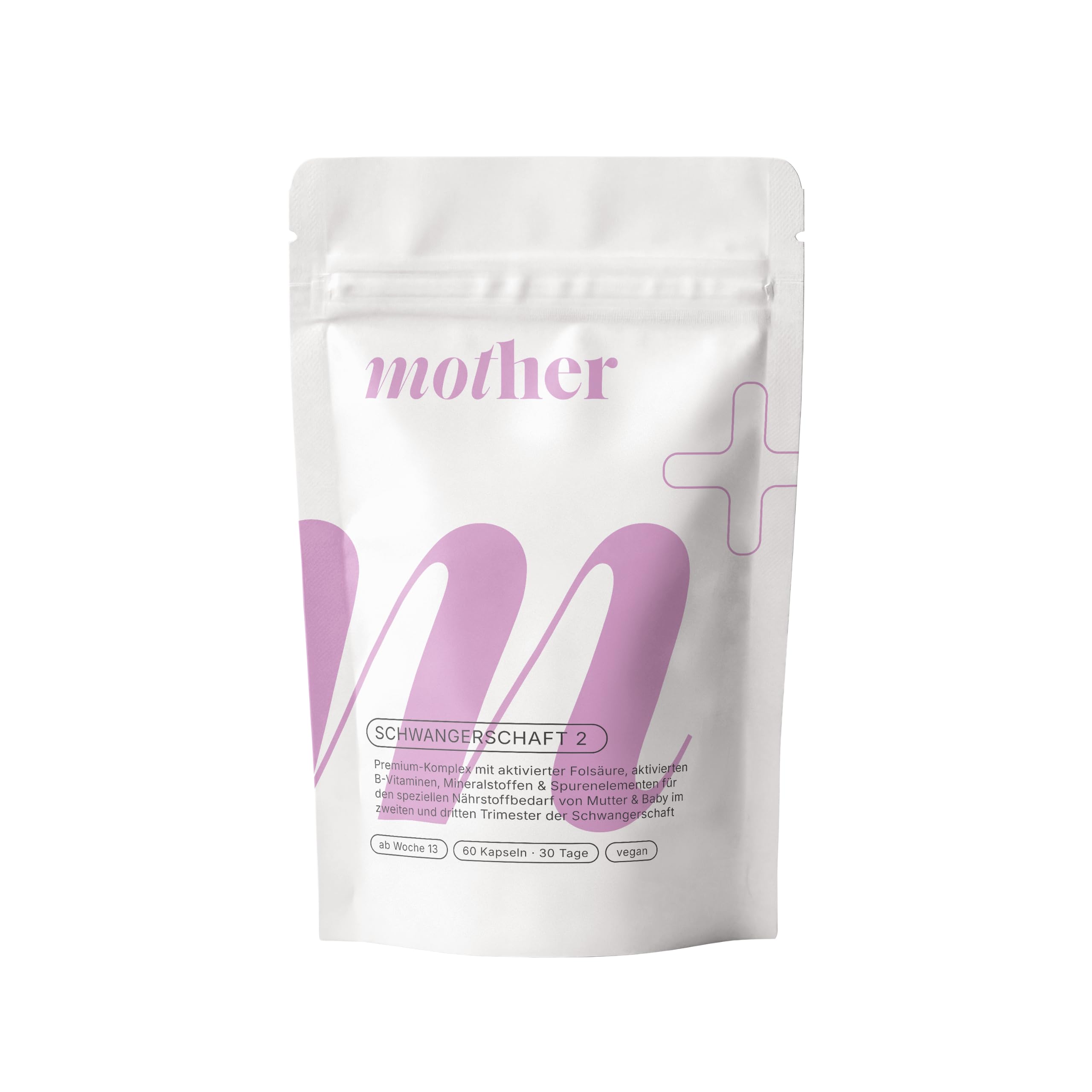 mother+ Schwangerschaft 2 Premium-Komplex ab der 12.Woche - Hochwertige Mikronährstoffversorgung für die Schwangerschaft/Mit Folat, Eisen, Jod & wichtigen Vitaminen/Vegan