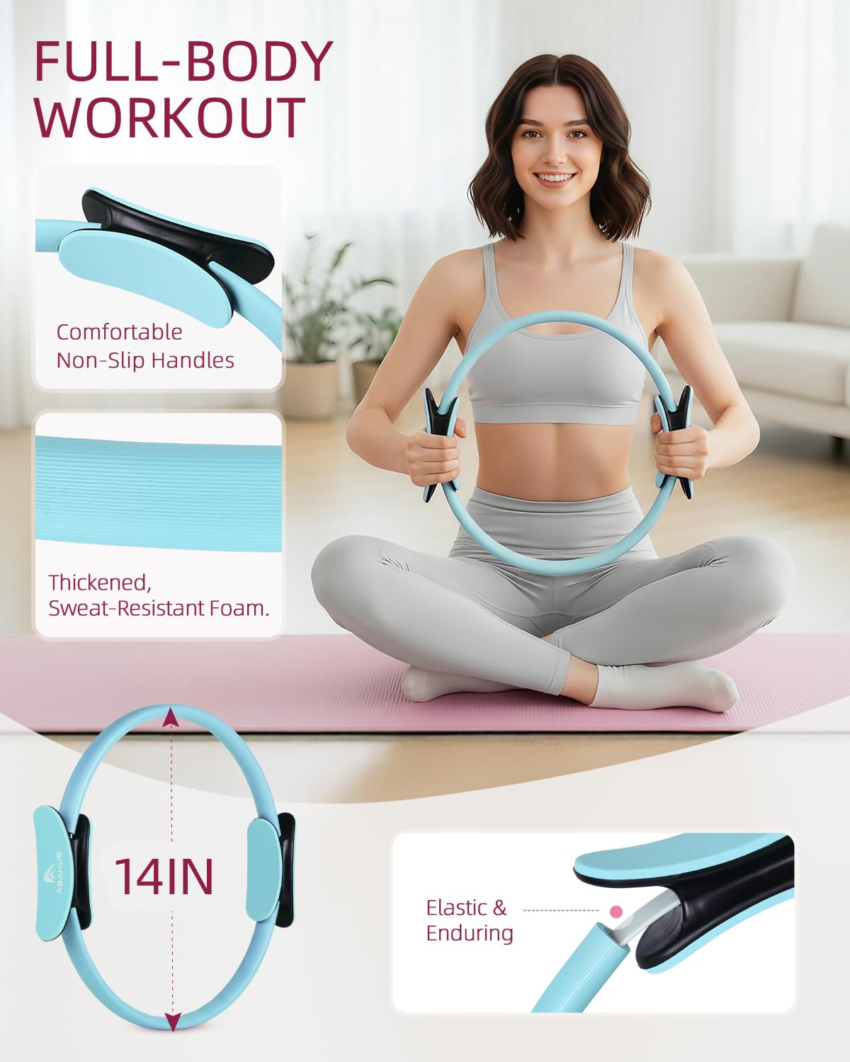 Abahub Pilates Ring Set, 35CM Magic Circle, 25CM Mini Ball,5er Set Fitnessbänder,Stretchbänder,Yoga Socken,Gleitscheiben,für Frauen Heimtraining, Flexibilität, Stabilität Blau Set