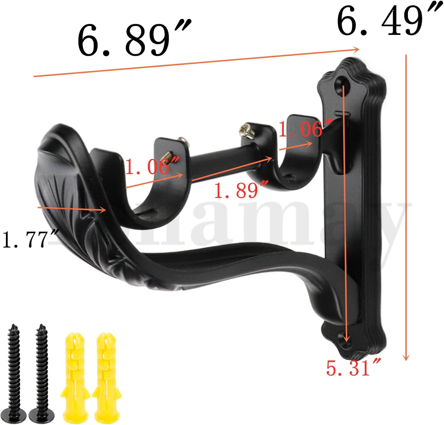 3Pcs Double Curtain Rod Brackets Rod Holders,Retro Wall Mount Brackets for Window Curtains Rod Hangers with Adjustable Screw,Matte Black