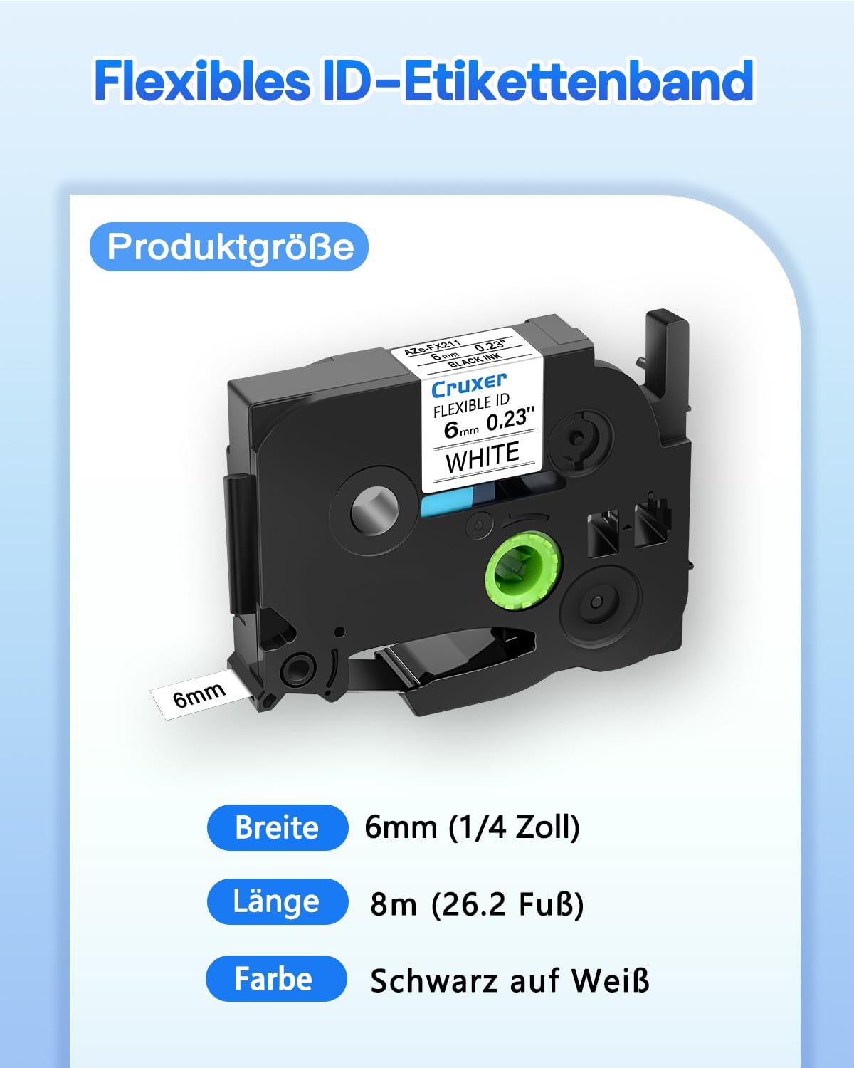 Cruxer 200er-Pack Kompatibel mit Ptouch TZeFX211 6 mm Schwarz auf Weiß | TZeFX211 Flexible ID laminiertes Etikettenband Ersatz für Ptouch PT-H110 H100 H105 P300BT E110 D200 Etikettendrucker