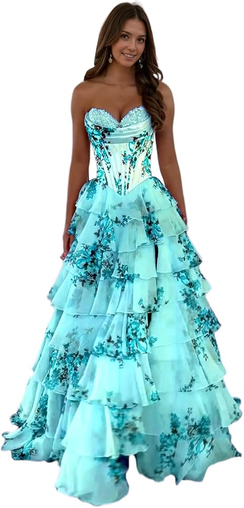 Amazon.com: ZDKMVN Floral Printed Corset Prom Dresses for Women 2025 Long  Tiered Ball Gowns Tiered Ruffle Formal Evening Gowns 02 Aqua : Clothing,  Shoes & Jewelry