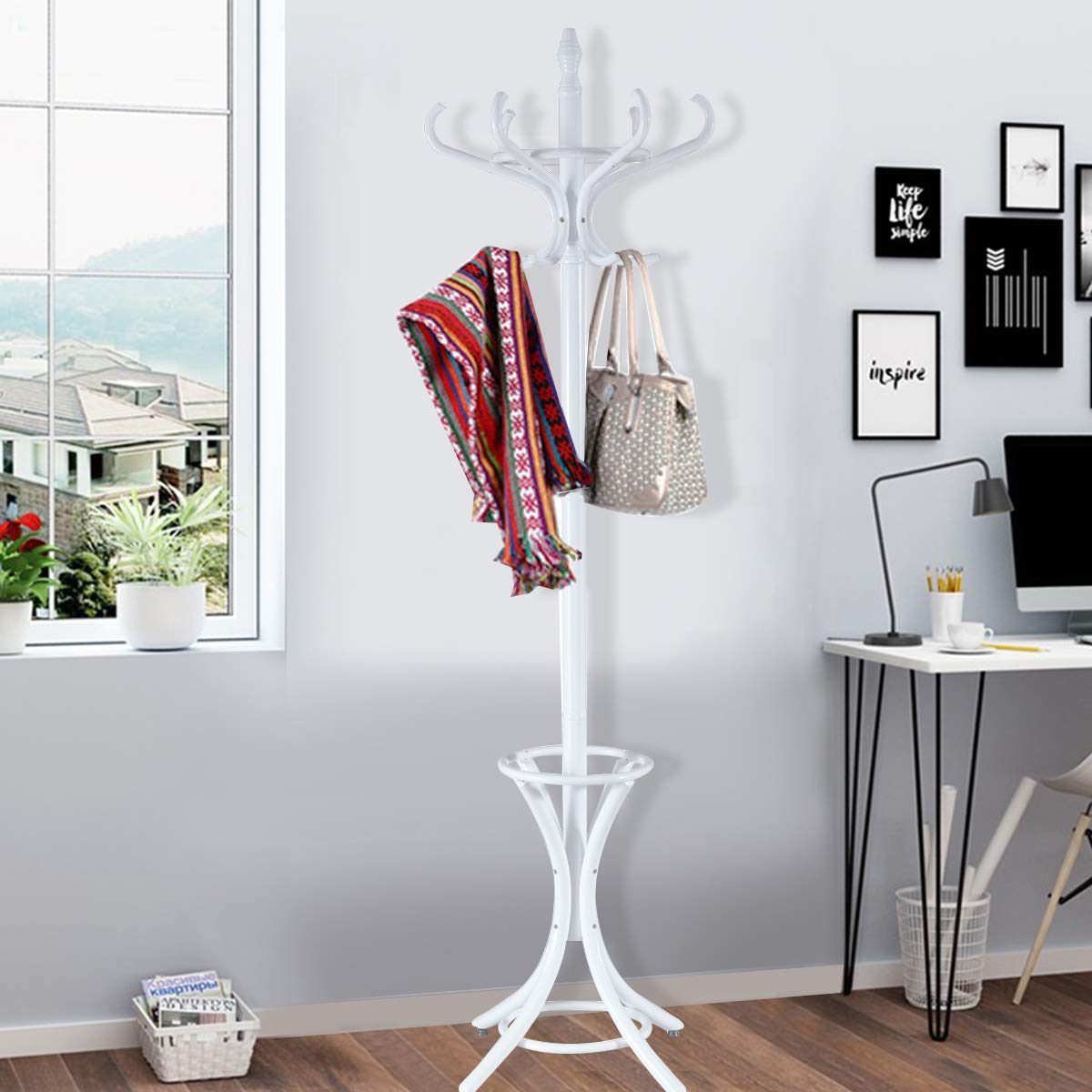 COSTWAY Perchero de Pie Madera 184cm Perchero Árbol con Soporte 12 Perchas para Colgar Ropa Sombrero para Habitación Hogar Oficina (Blanco)