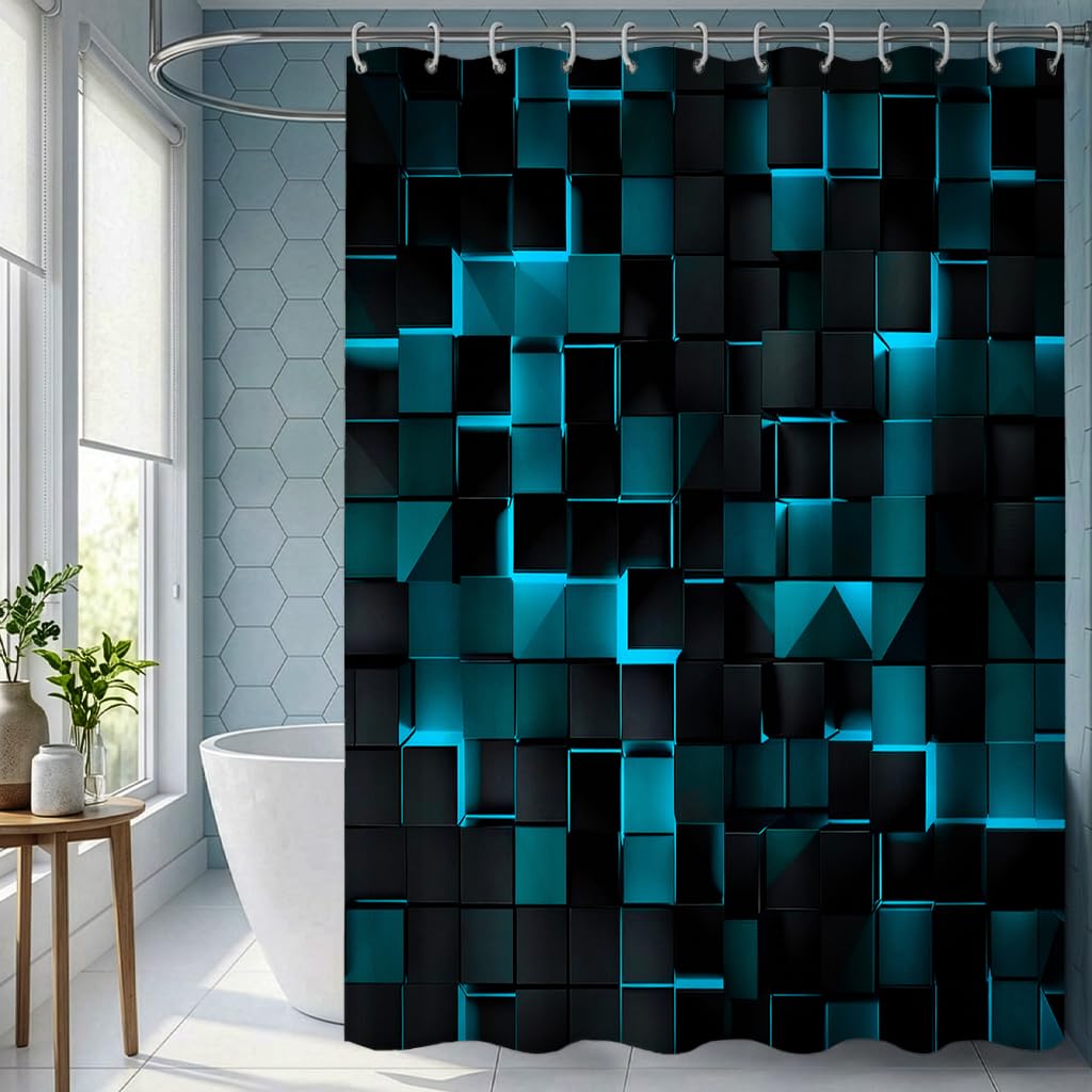 Zafyygh Colorful Futuristic Cubic 3D Shower Curtain, 72X72 Inch Black Abstract Block Fabric, Modern Geometric Tech Bathroom Decor