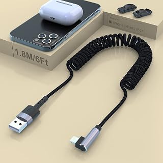 Coiled Lightning Cable, 90 Degree Nylon Braided Fast Charging Cable [Apple MFi Certified & CarPlay Compatible] 6FT Cord Data Transmission Compatible with iPhone 13/12/11/11Pro/11Max/X/XS/XR/XS Max/8