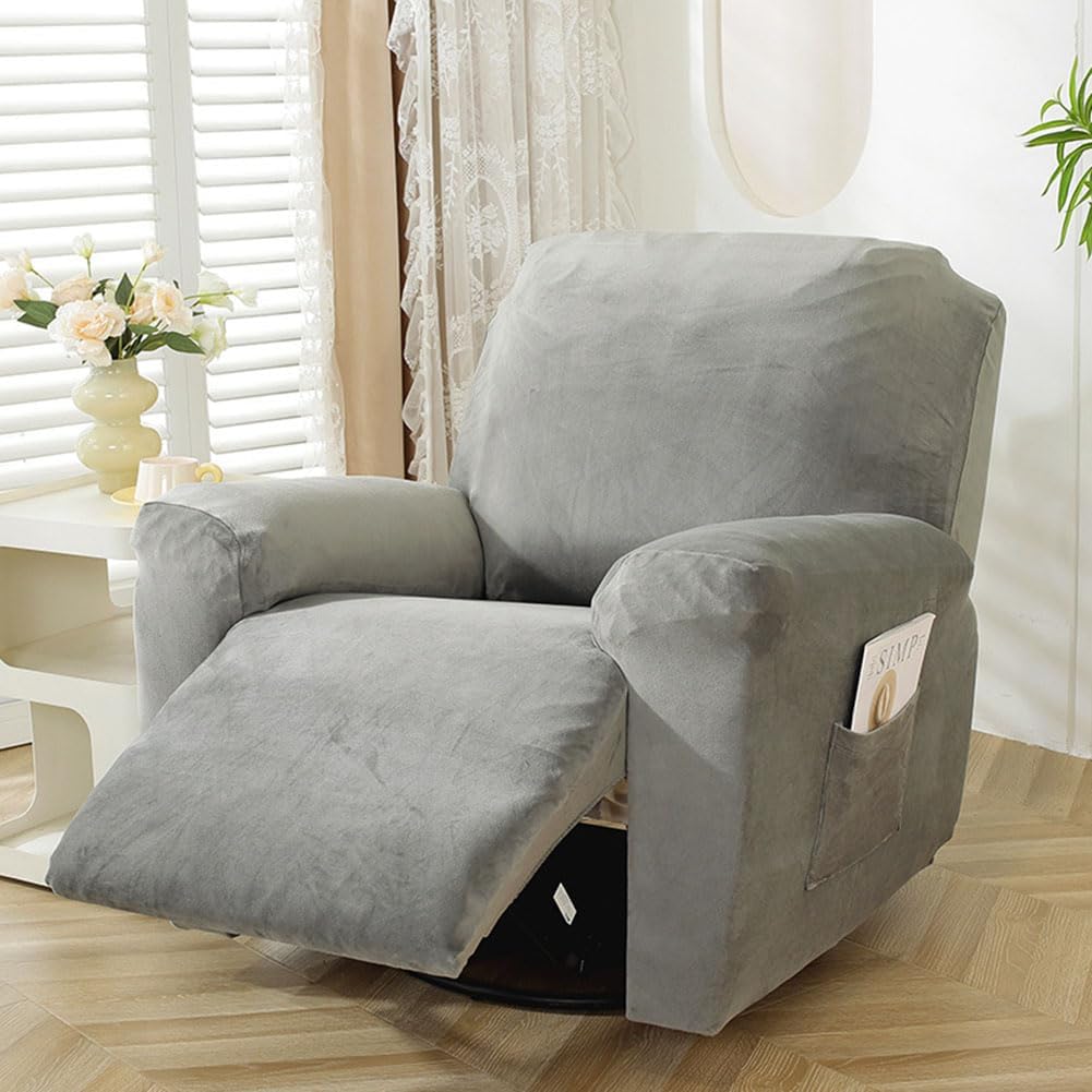 Luxury Velvet Recliner Chair Cover 4-Pieces Stretch Recliner Covers for Recliner Chair Soft Cozy Reclining Chair Slipcover Furniture Protector for Dogs Cats (Grey,1 Seater)