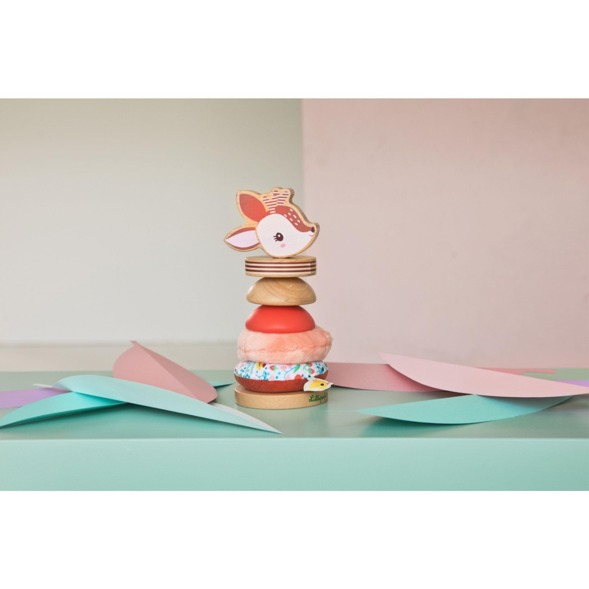 LILLIPUTIENS - Piramide da impilare per Bambini Stella Il cerbiatto - Giocattolo educativo in Legno e Tessuto - Impilamento Creativo di Pezzi Multicolori - Sviluppo della motricità fine - 83471