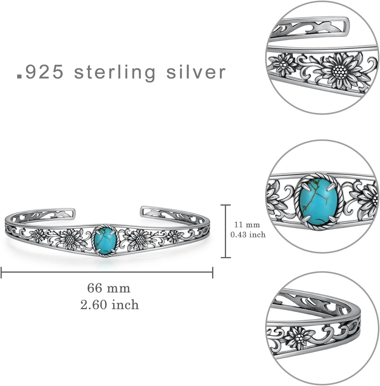 Sunflower Turquoise Bracelet 925 Sterling Silver Genuine Natural Turquoise Chunky Cuff Bangle Bracelet Vintage Native American Western Boho Style Jewelry Gift for Women