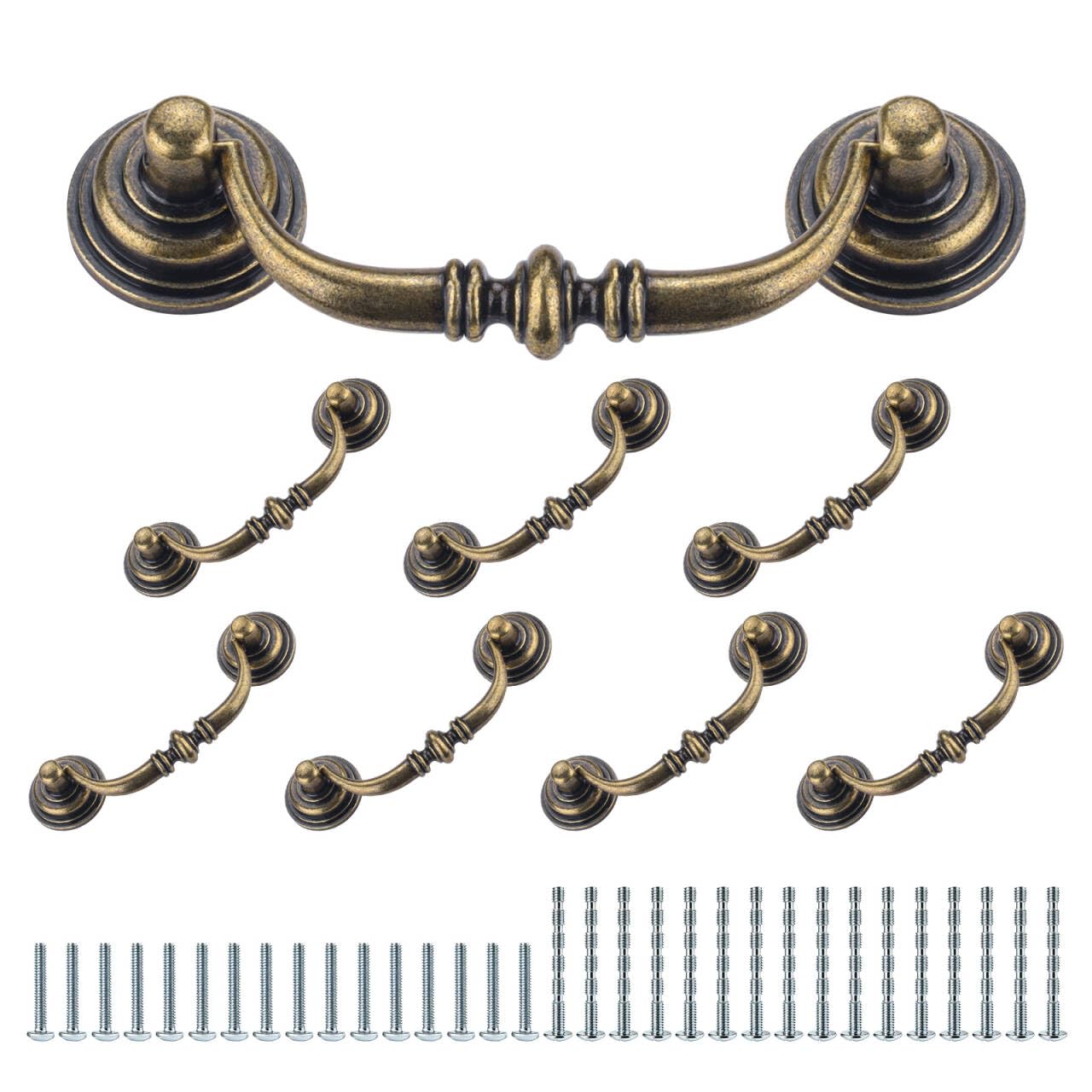 Jinzhenhong 8 Pack 3.5 Inch Hole Center Vintage Brass Drop Bail Pulls, Zinc Alloy Drawer Handles Screws, Shabby Chic Furniture Hardware for Dresser, Wardrobe, Cabinet (Brass, 3.5" Hole Center)