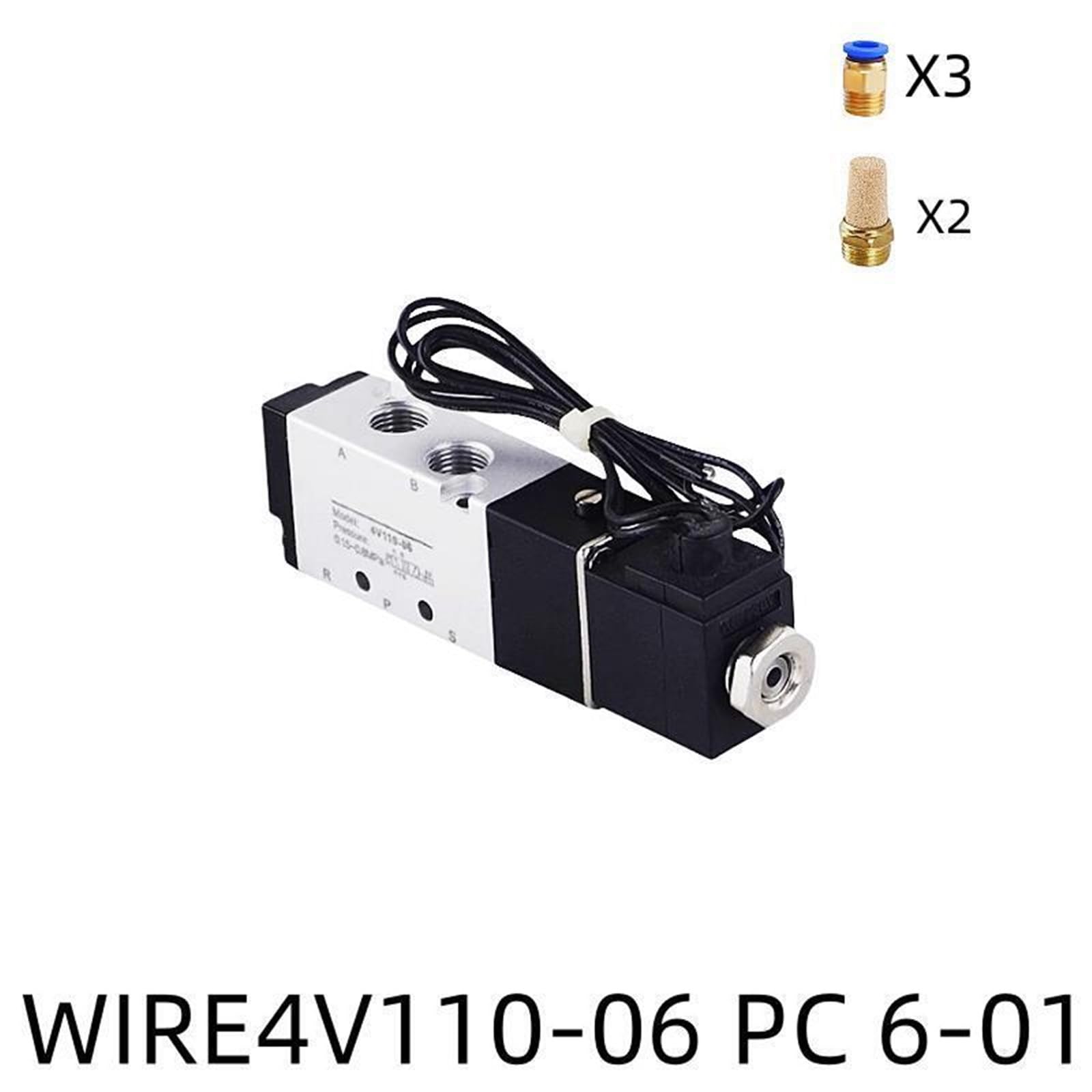 4V110-06 1/8 pulgadas válvula solenoide de control neumático 5 vías 2 posiciones CC 24 V CC 12 V CA 110 V CA 220 V con válvulas de aire de conexión de 4 mm 6 mm 8 mm 1 ud(WIRE W PC 6-01,DC 12 V)