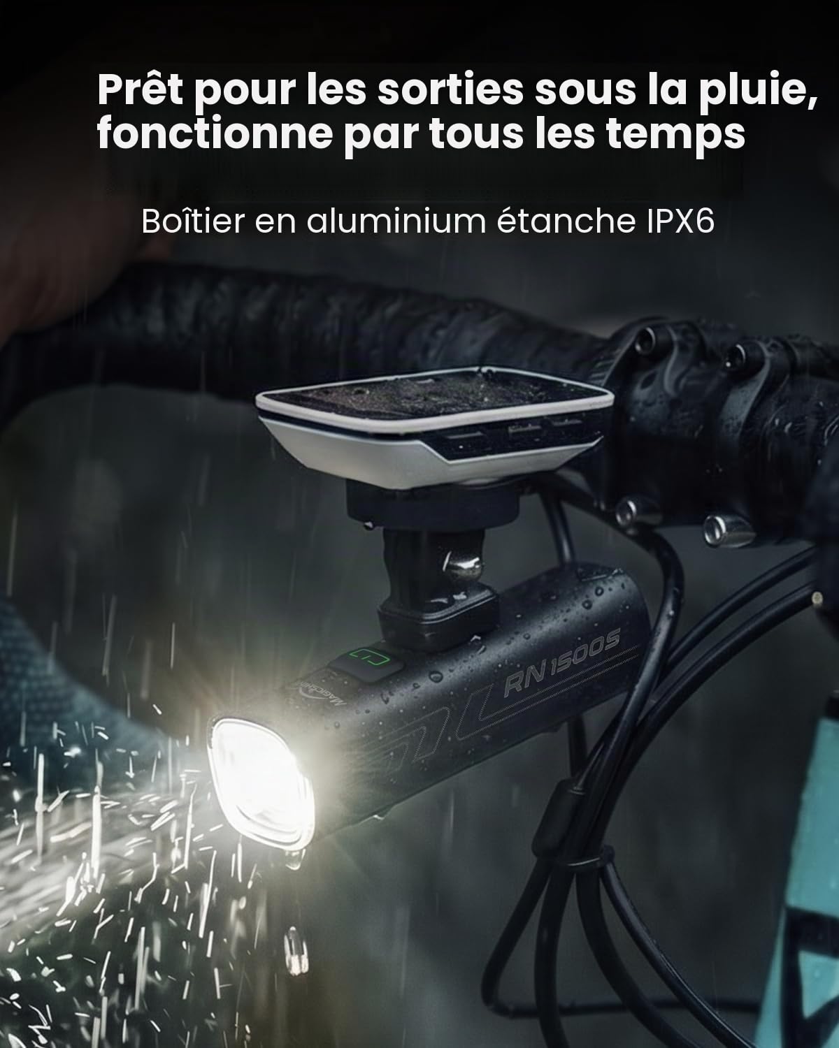 Magicshine Phares de vélo RN 1500S pour Conduite de Nuit avec Montage en Dessous, contrôle FTR LightSync, Rechargeable par USB, éclairage Avant et arrière pour vélo de Route et VTT