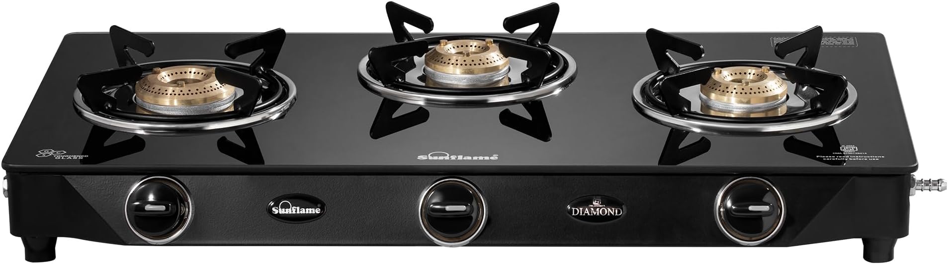 Sunflame Diamond 3 Burner Gas Stove | 1 Medium and 2 Small Brass Burners | 2-Years Product Coverage by Sunflame | Heat Resistant Ergonomic Knobs | Easy to Maintain | Toughened Glass Top