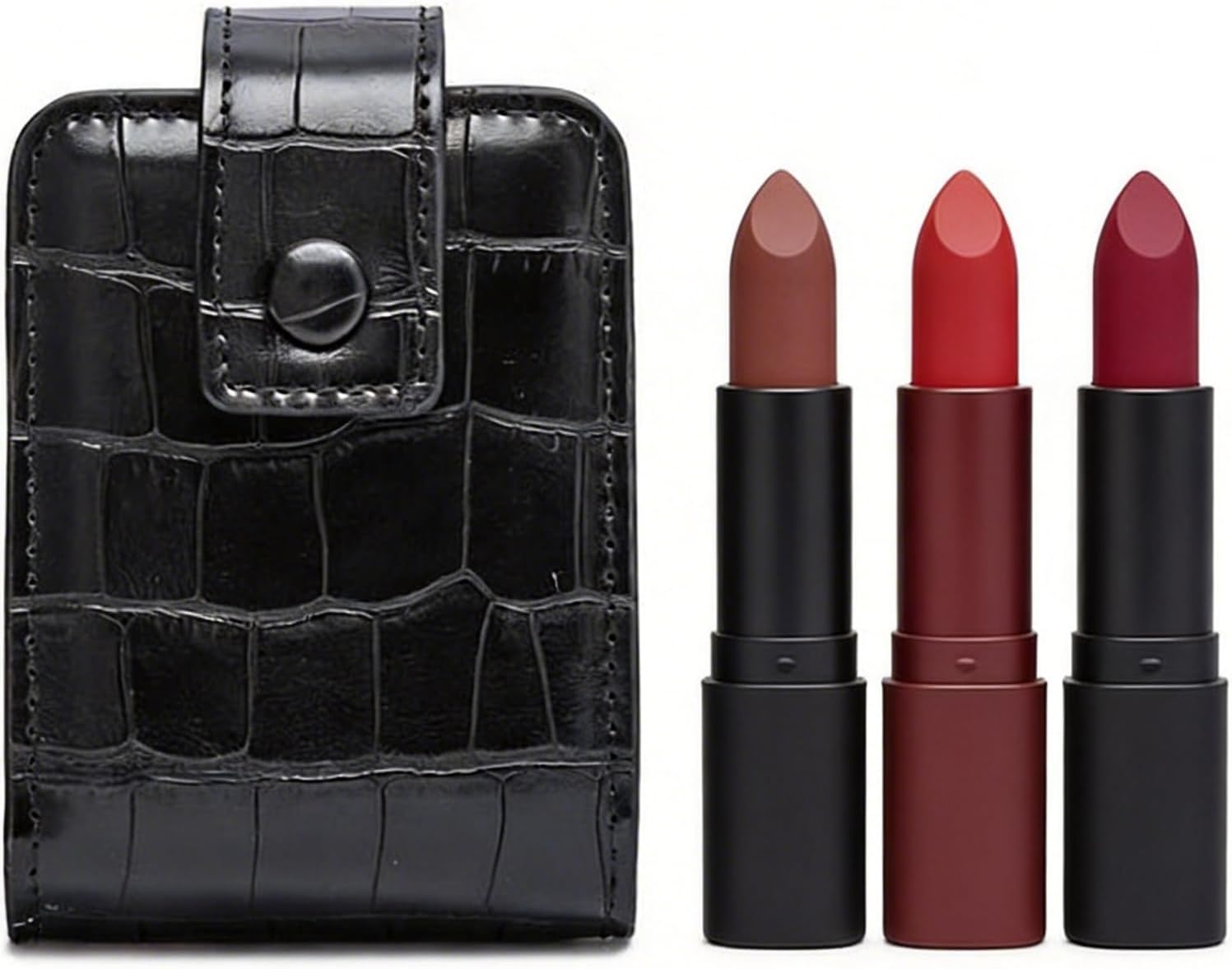 Portable Lipstick Case with Mirror, Black and Red Travel Makeup Pouch, Holds up to 3 Lipsticks, Compact Cosmetic Storage Organizer, 3.74 2.76 1.18 Inch, 2 Pcs