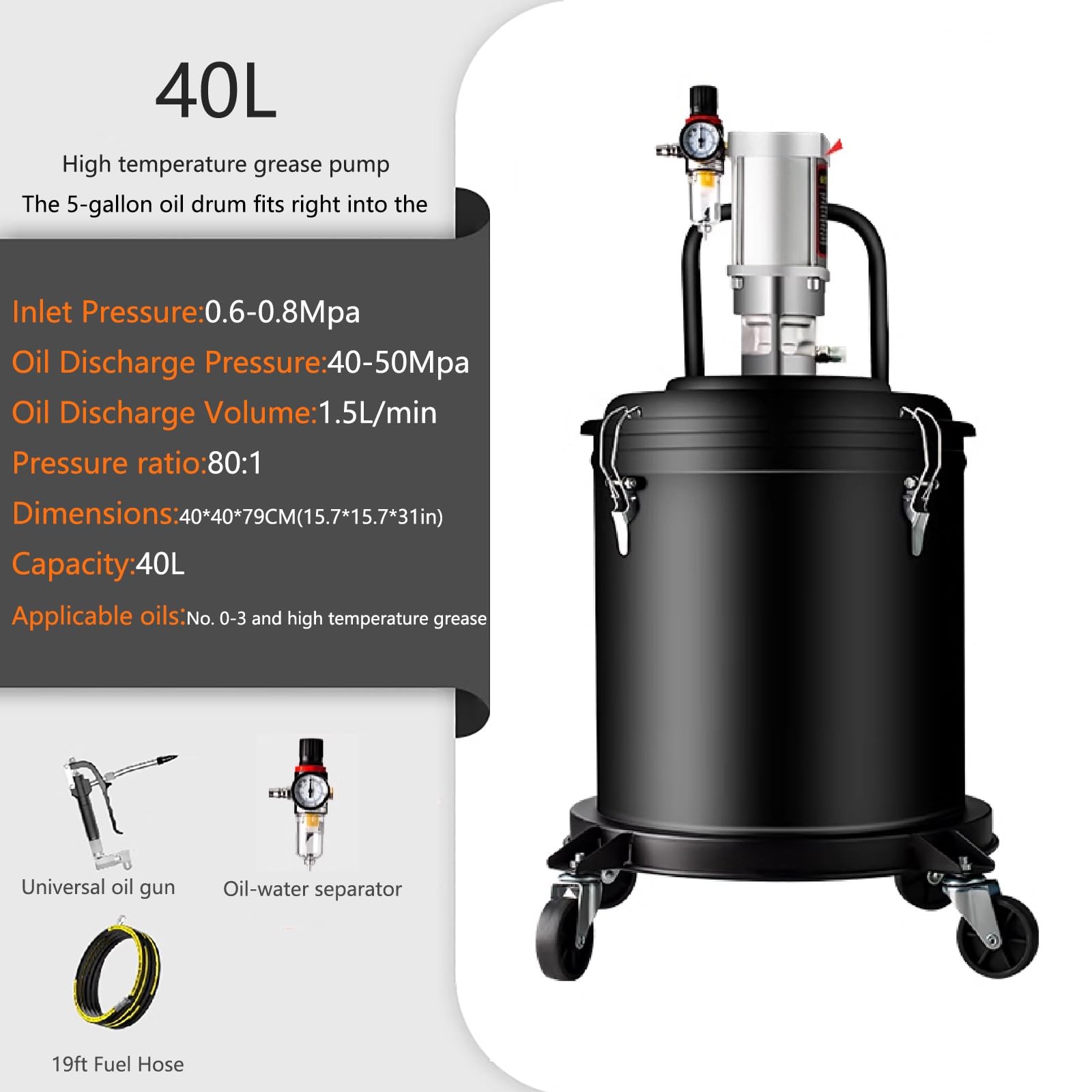 Bomba de grasa de alta temperatura para cubos de 5 galones, funcionamiento neumático con salida de 1,5 l/min, adecuada para todas las estaciones