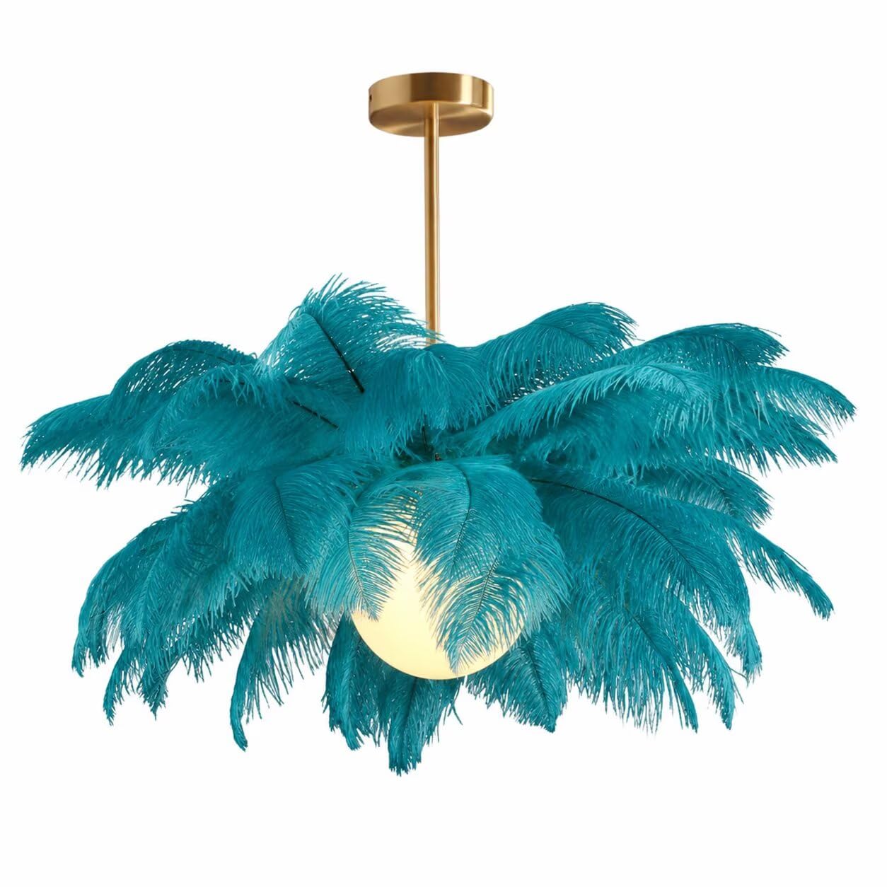 GUANSHAN Creative Peacock Blue Ostrich Feather Ceiling Lamp, Romantic and Aesthetic Feather Chandelier Pendant Lamp with Golden Base for Bedroom, Living Room, Corridor — image 1