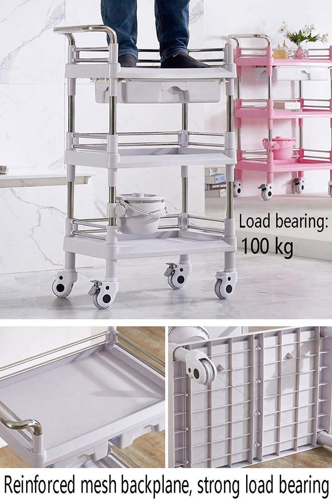 Bewegliche Wagen, Haushaltsmittel, Servierender Wagen Kleiner Schönheitssalon-Wagen Mit Abs-Schublade, Edelstahl-Rollender Medizinischer Wagen Mit Bremsrädern/Beige/L