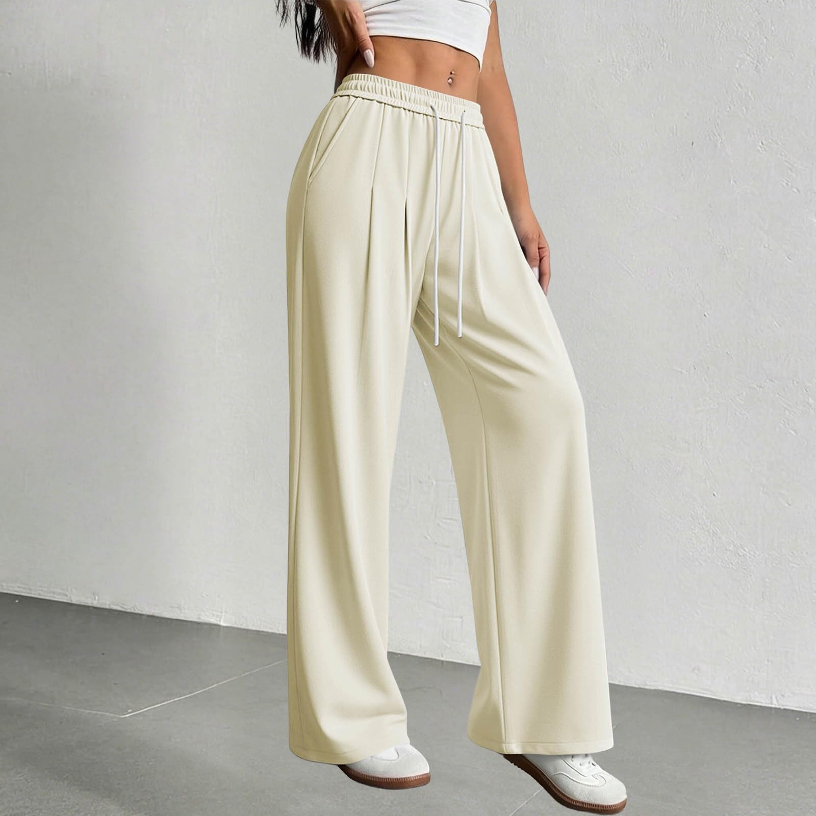 Pantalon Femme Casual Décontracté Avec Poches Jambe Large Pour Vacances | Pantalon Lounge Femme Élégant Coupe Ample Avec Cordon Réglable Et Taille Souple Pour La Maison Vacances Voyage