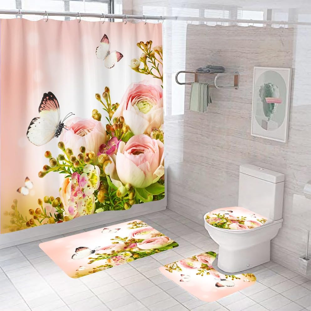 Set da 4 pezzi di tenda da doccia impermeabile con motivo Star River Moon con 12 ganci, tenda stampata, tappetino da bagno  15