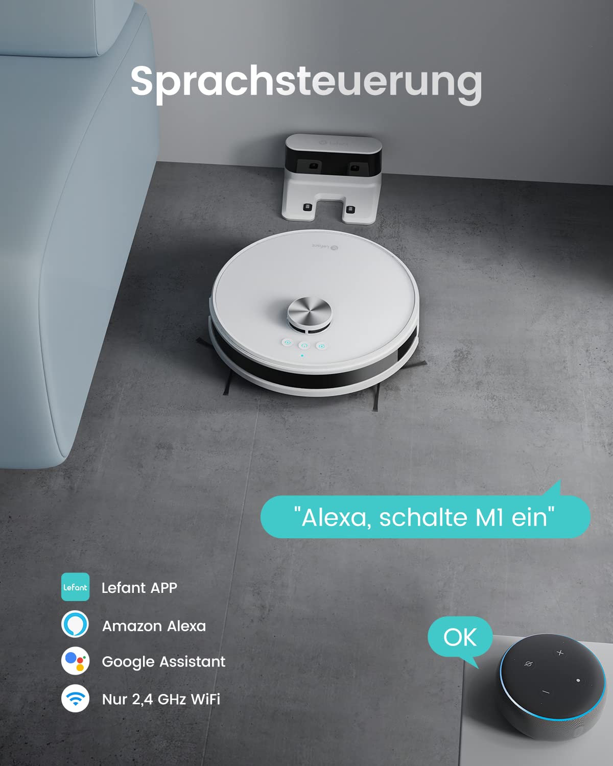 Lefant M1 Staubsauger Roboter, Mehrstufiges Mapping Saugroboter mit Wischfunktion No-Go-Zonen, 5500Pa Saugkraft, Ideal für Tierhaare und Hartböden, App-/Alexa-Steuerung, Weiß
