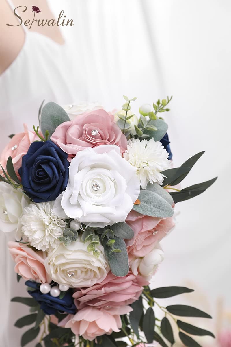 Serwalin 9.8 Inch Wedding Bouquets for Bride Bridesmaid, Pink Blue Rose Bridal Bouquets for Bride, Wedding Flowers Bouquet Tossing Bouquet, Wedding Ceremony and Anniversary Day Decor - Image 6