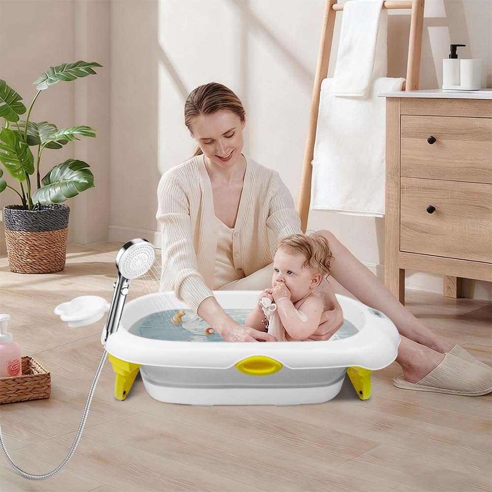 Bañera de bebé plegable con termómetro incorporado, que incluye soporte de baño y gorro de champú, fácil de limpiar, adecuado para su uso en la ducha y en el baño (gris)
