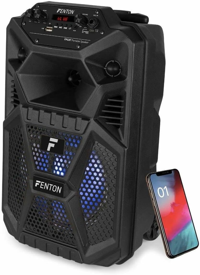 Fenton FPC8T – Altavoz Karaoke portátil 100W con batería Bluetooth 5.0 USB SD AUX micrófono Incluido Efectos Eco y Voz Luces LED Ruedas y asa telescópica Karaoke para Adultos y niños Fiestas