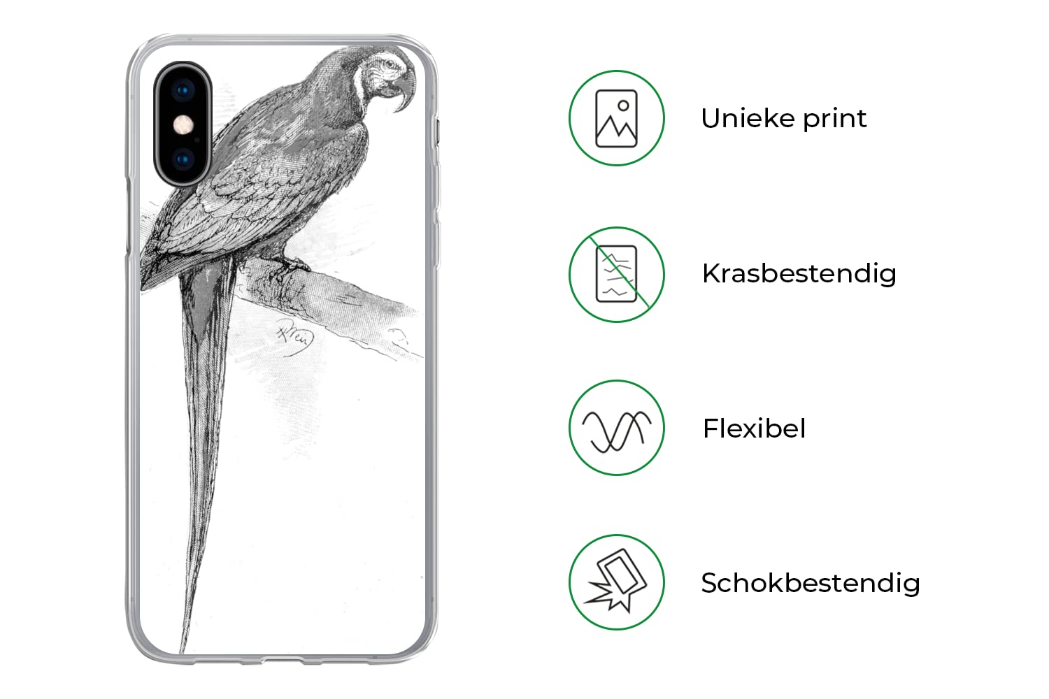 MuchoWow Funda para iPhone X - Una ilustración Antigua de un Loro - Blanco y Negro - Funda de Silicona/Funda Blanda para teléfono móvil