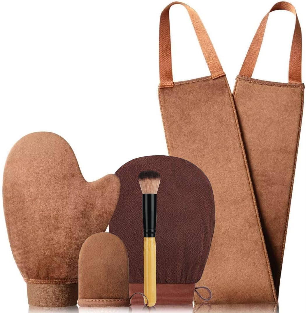 Self Tanning Mitt Set Fake Tan Mitt Glove Back Tanner Applicator Self Tan Mitt Lotion Applicator for Back Cream Tanning Brush for Body and Face Bronzer Brush