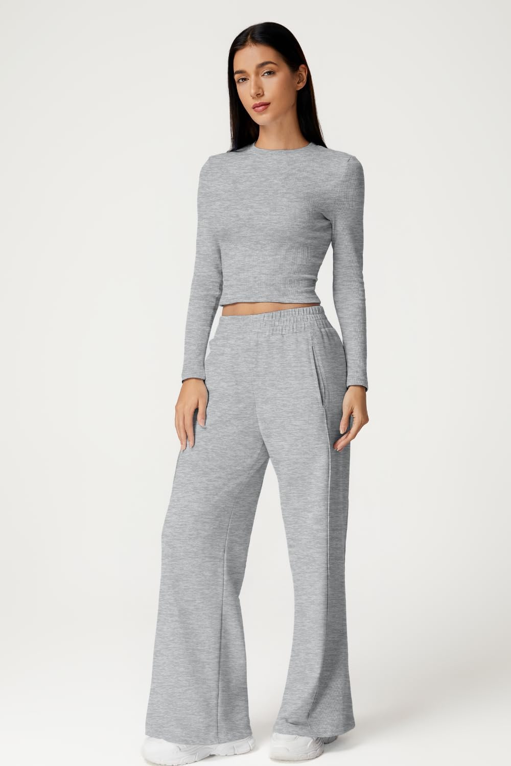 QINSEN Womens 2 Piece Sets Long Sleeve Slim Fit Crop Tops Wide Leg Pants Matching Lounge Set - Image 3