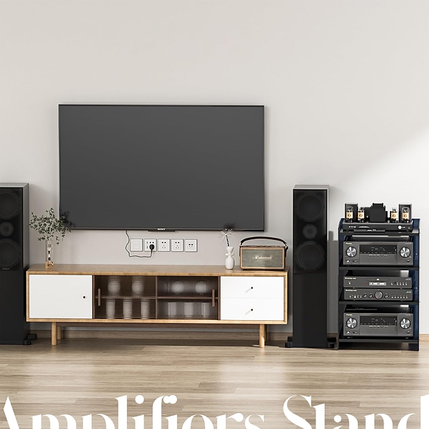 Acrylic Media Stand, Audio Rack with Adjustable Shelves, Open Media Storage Cabinet, Modern Video Media Stand, Entertainment Shelf for Home, Office, Theater(Drak,4 Tier 52x40x79CM)