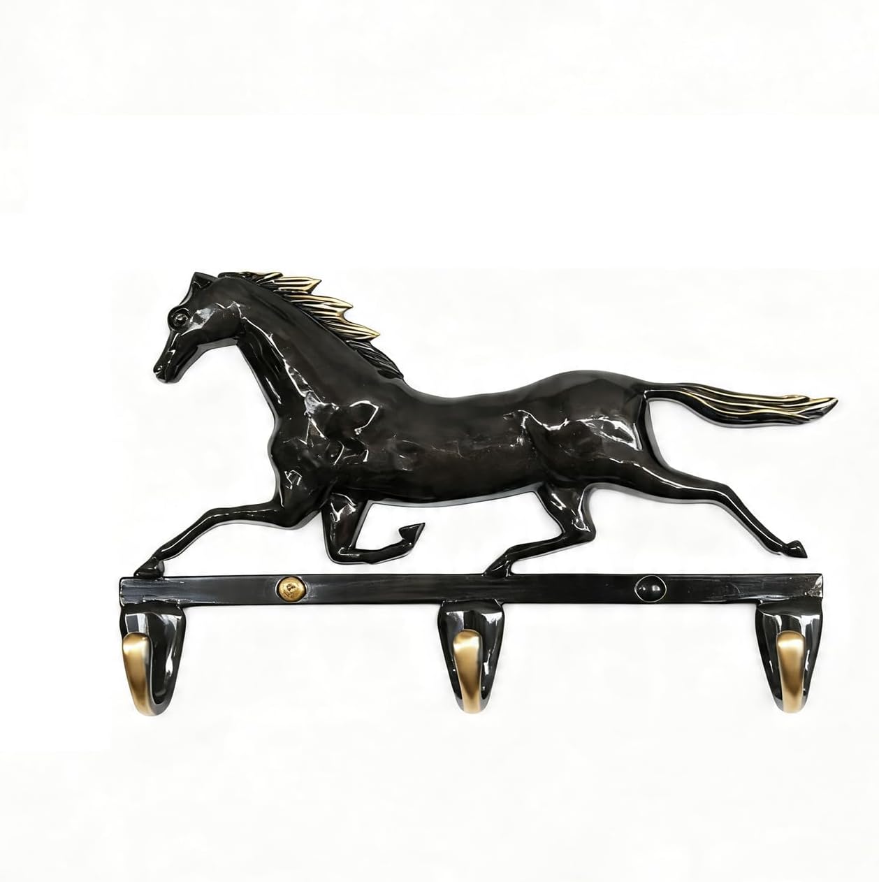 Black Horse Wall Hook Rack, Vintage Brass Coat Hooks with Running Horse Design, Heavy Duty Wall Mounted Key Holder Rack for Entryway Bathroom Bedroom Rustic Home Decor