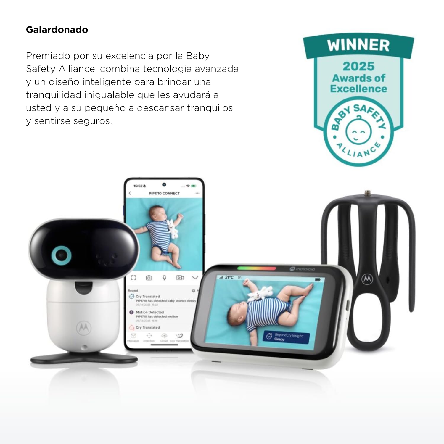 Motorola Nursery PIP1710 Connect – Vigilabebés Wi-Fi con Cámara HD Motorizada y Pantalla Táctil de 5” | Detección y Traducción de Llanto, App Motorola Bebé, Visión Nocturna, Montaje para Cuna
