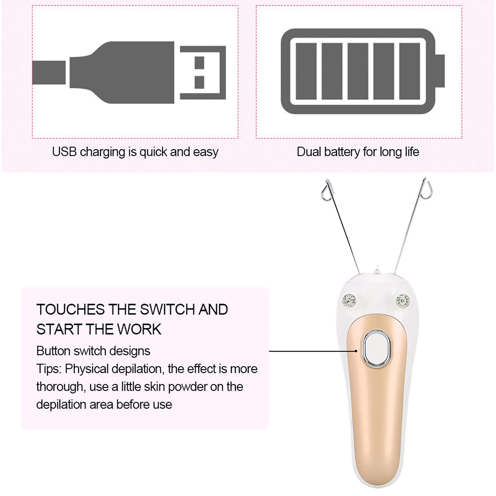 Hair Remover, Electric Threading Epilator Physical Threader Hair Remover for Face Arm Leg Use(Gold)
