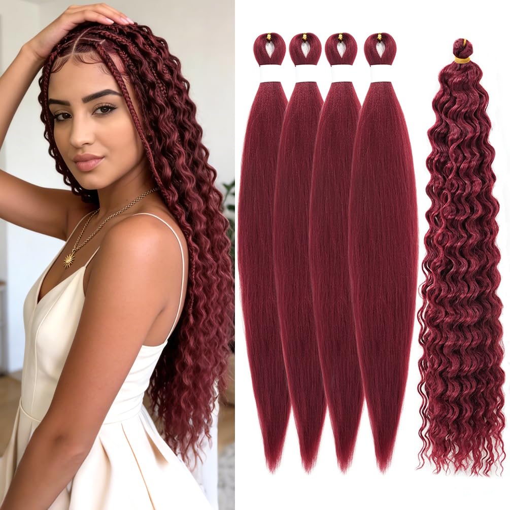 Ez Boho Hair for Braiding, #900 Burgundy Red 26 Inch 4+1 Packs Wave Curly Knotless Ez Braiding Hair Pre Stretched Hypoallergenic Non Toxic Pre-Layered Crochet Bohemian Braids Goddess