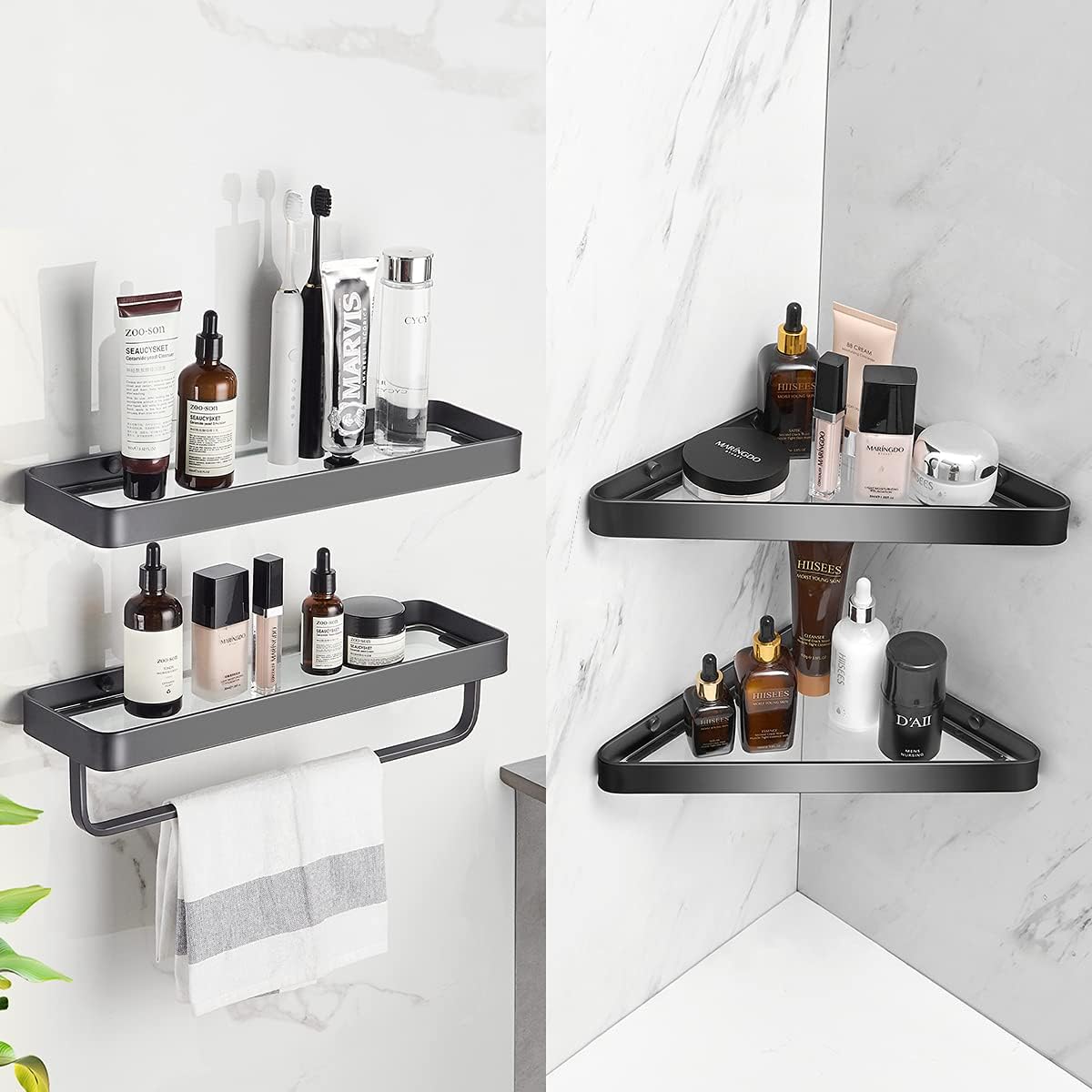 VOLPONE Bathroom Shelves Wall Mounted Glass Corner Shower Shelf for Bathroom Floating Shelf Tempered Glass Wall Organizer 2-Tier(Black)