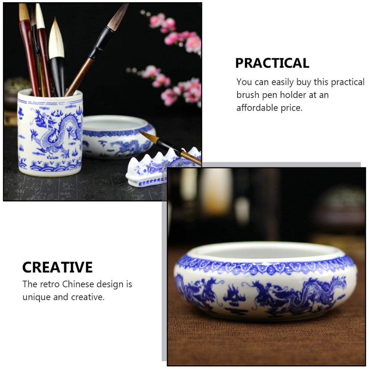 Homoyoyo Pot à Pinceaux En Céramique Bleu Et Blanc Petit, Bac De Lavage Multifunction, Cylindre De Rangement Pour Calligraphie, Accessoires Bureau Maison, Fournitures Scolaires