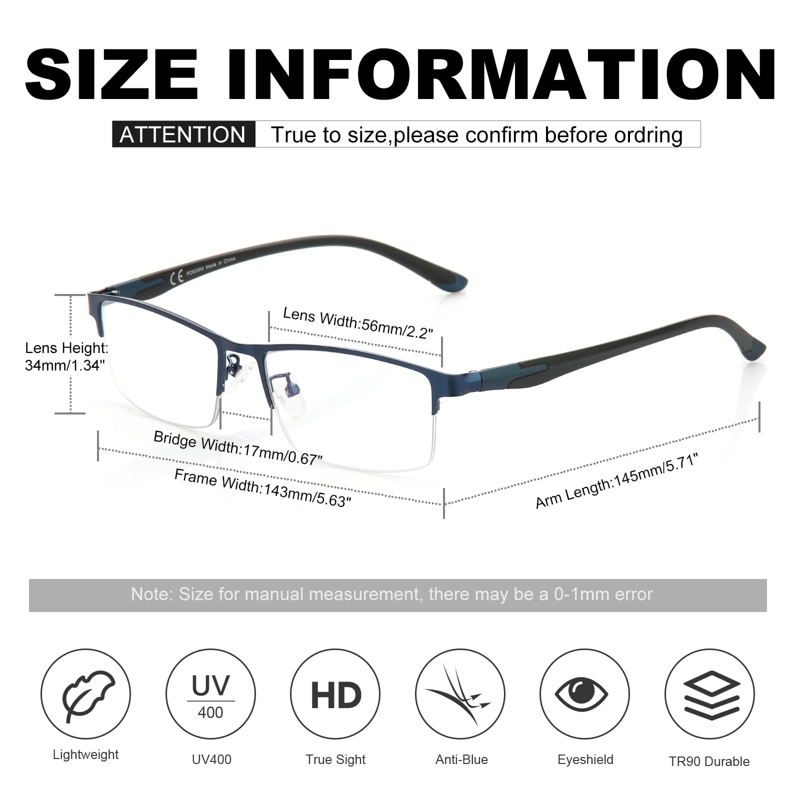 CARA Gafas de Lectura Progresivas para Hombre Ultraligeras Metálicas Medio Marco TR90 Templo Antiluz Azul Lector Ordenador