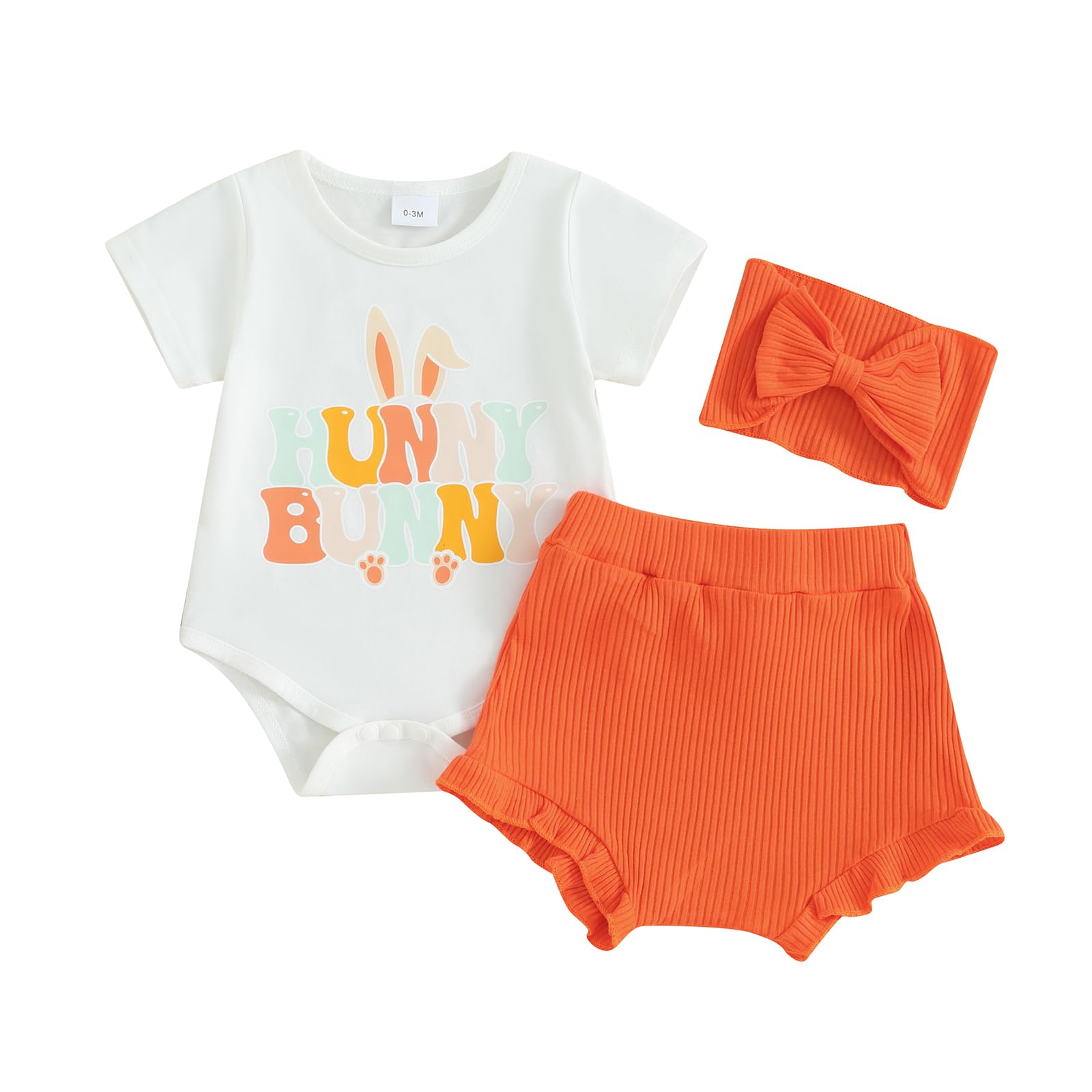 Fernvia Infant Baby Girls Easter Outfits Short Sleeve Rabbit Print Romper Elastic Waist Shorts with Hairband 3Pcs Clothes Set (P Orange, 0-3 Months)