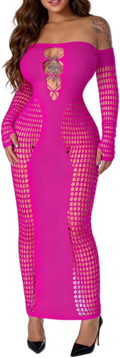 Sexy Outfit for Women Going Out Fishnet Dress See Through Mesh Hollow Out Maxi Club Dresses