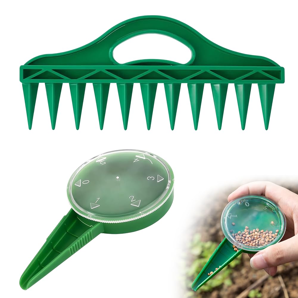 Aoreun 2er Set Sämaschine, Pikierstab und Pflanzhilfe mit 12 Löchern, Garten Handpflanzer Säwerkzeug, Saatgut Sämaschin für Anpflanzen von Gemüse Obst Blumen