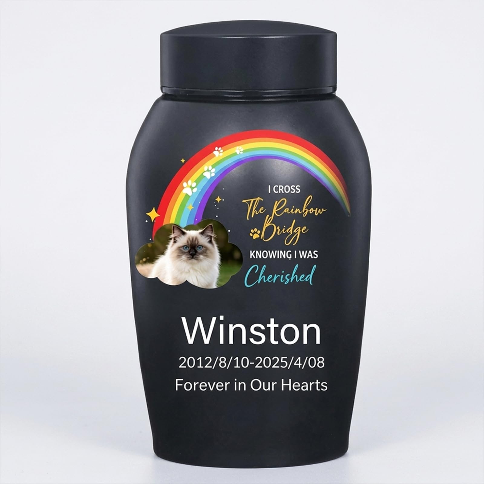Personalised Pet Urn, Custom Dog and Cat Cremation Urn with Engraved Name & Photo, Memorial Funeral Keepsake, Sympathy Remembrance Gift for Lost Pets (Rainbow)