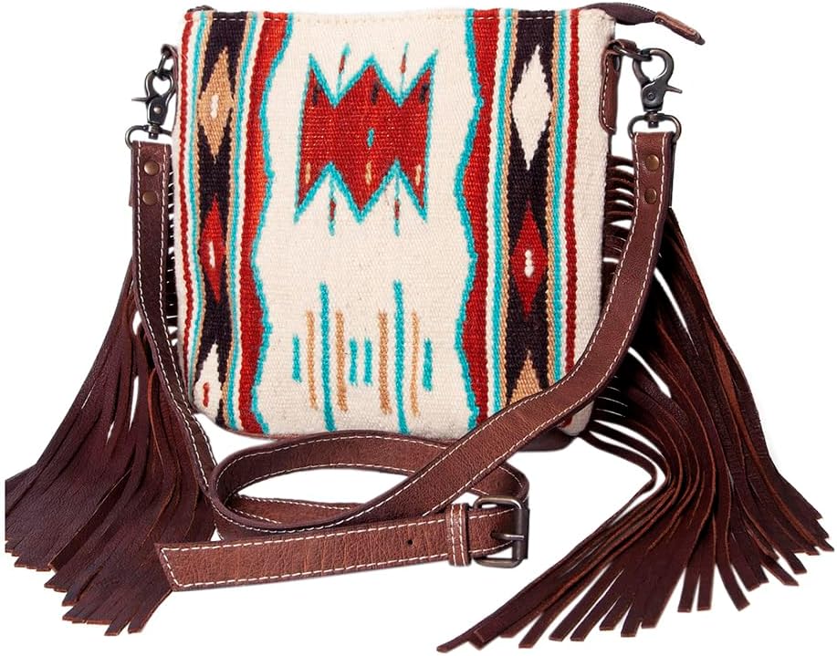American Darling Western Crossbody Bag – Handwoven Saddle Blanket with Genuine Leather and Fringes, Compact Everyday Purse