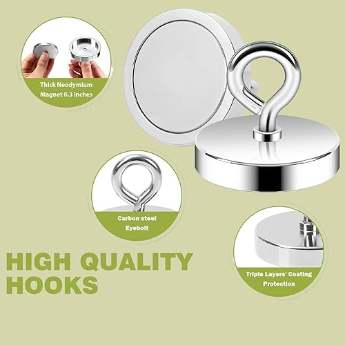 Miniatura 8 de Imanes de neodimio súper fuerte, 330 libras (330.7 lbs) fuerza de tracción magnética de pesca, imán de caza de tesoros submarinos para ríos, lagos,