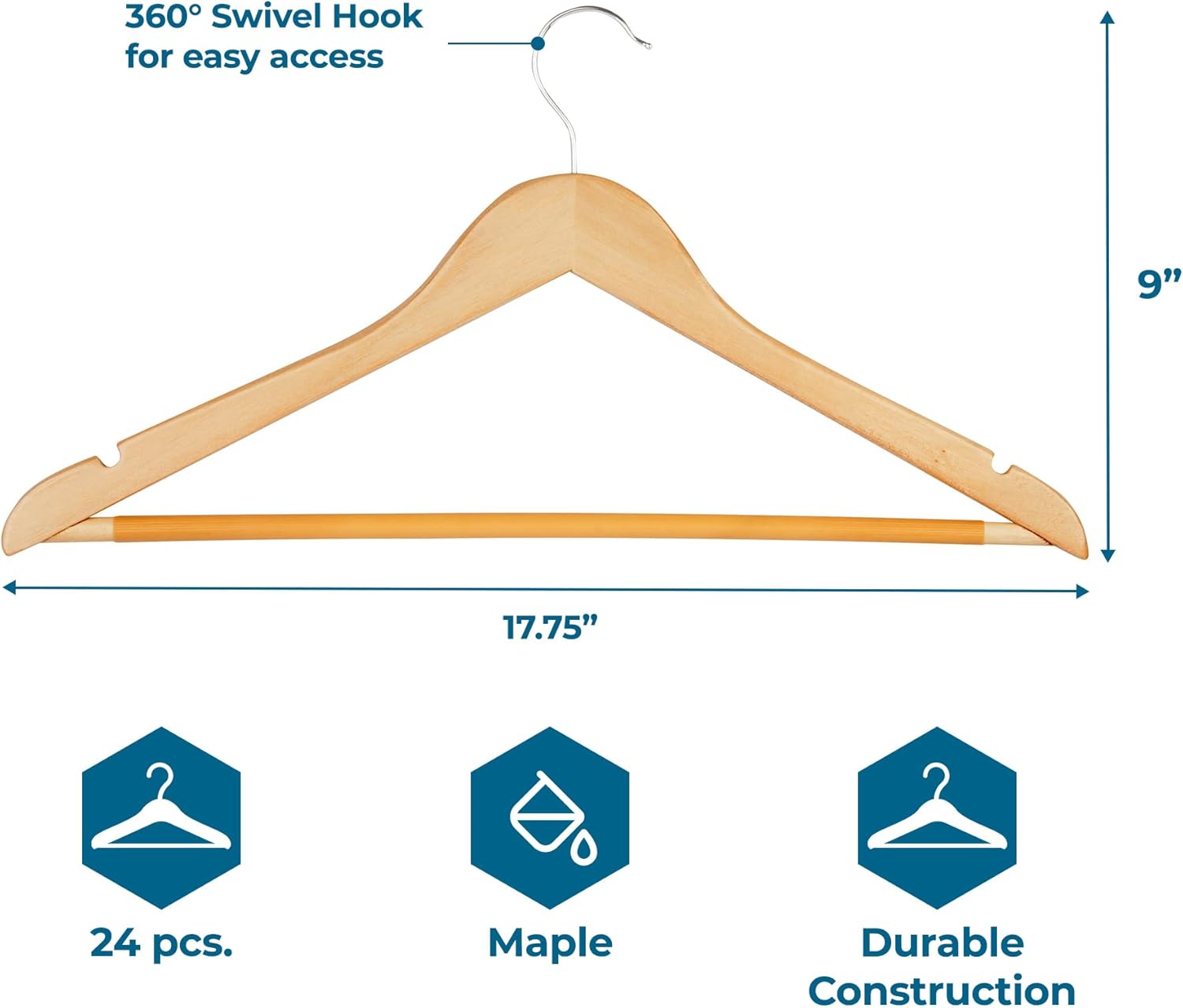 Honey-Can-Do Sturdy Maple Wood Hangers – Non-Slip Grooved Bar, Perfect for Shirts and Suits, Durable & Stylish, 24-Pack