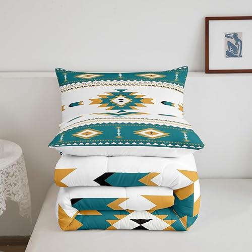 Miniatura 5 de Juego de edredón bohemio de celosía tamaño Queen, ropa de cama azteca, bohemio, navajo, étnico, retro, amarillo, a rayas, exótico, tribal,