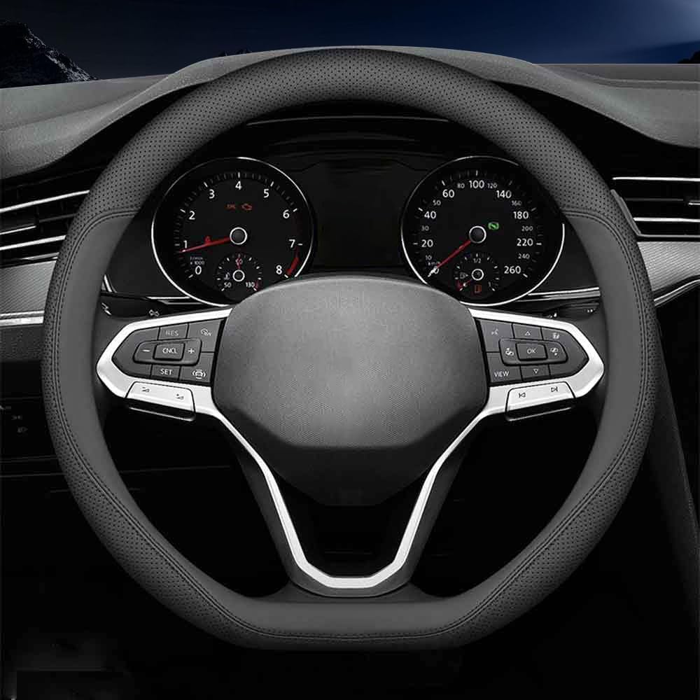 Carodi Latest Nappa Leather car Steering Wheel Cover, Stylish Non-Slip Leather car Interior 15 inches Universal (D-Shape,Black)