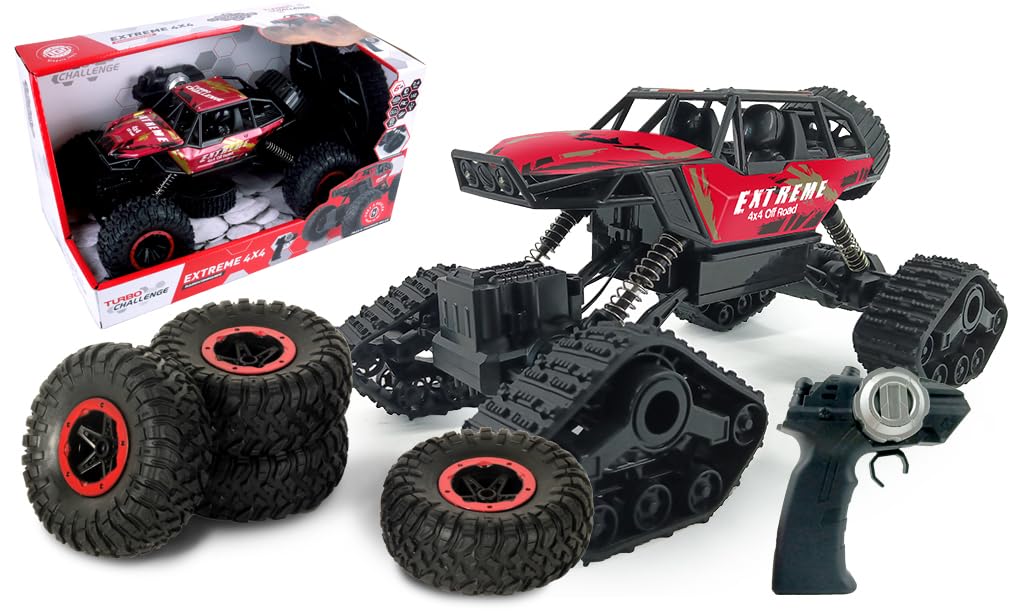 TURBO CHALLENGE - 4X4 Chenille - Extreme 4x4-090194 - Voiture Télécommandée - Rouge - 1/12 - Prêt à Rouler - Batterie Rechargeable et Piles incluses - Métal - À Partir de 6 Ans