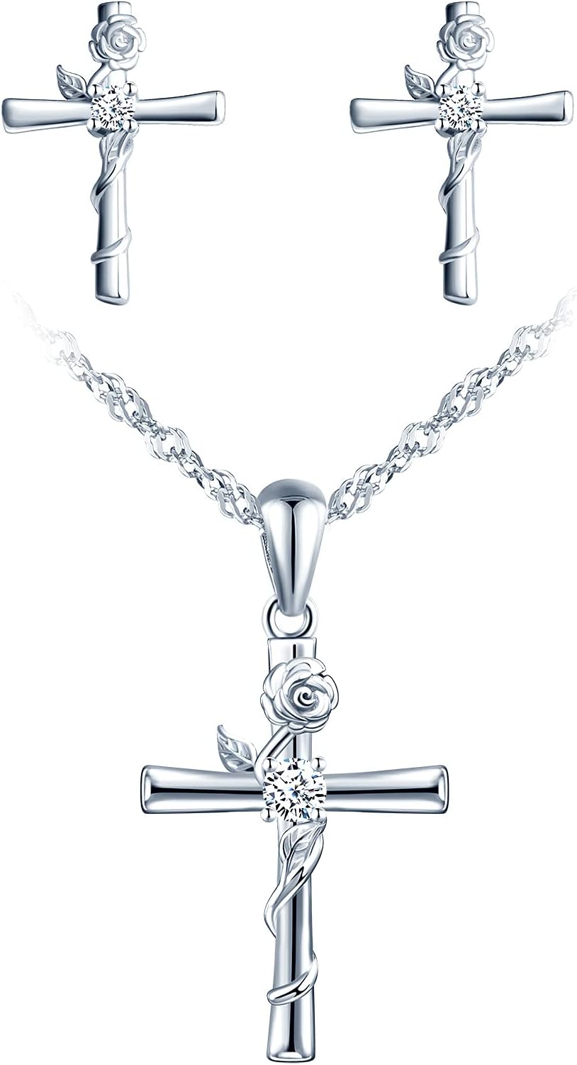 MicVivienRose Flower Cross Earrings Necklace Set for Women 925 Sterling Silver Rose Cross Pendant Necklace/Rose Cross Earrings with Cubic Zirconia Jewellery Set for Women Girls