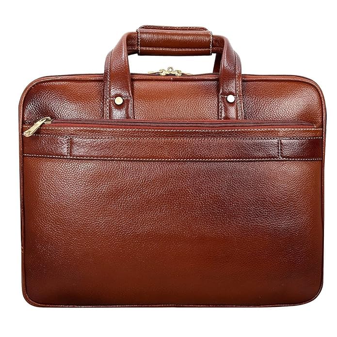 Image of Full-Grain Natural Genuine Pure Orginal Leather Office Briefcase Laptop Messenger Shoulder Bags For Mens Man Office Use 15.6 Inch cabin szie travelling Size-L-16'' X H-12'' X W- 6''