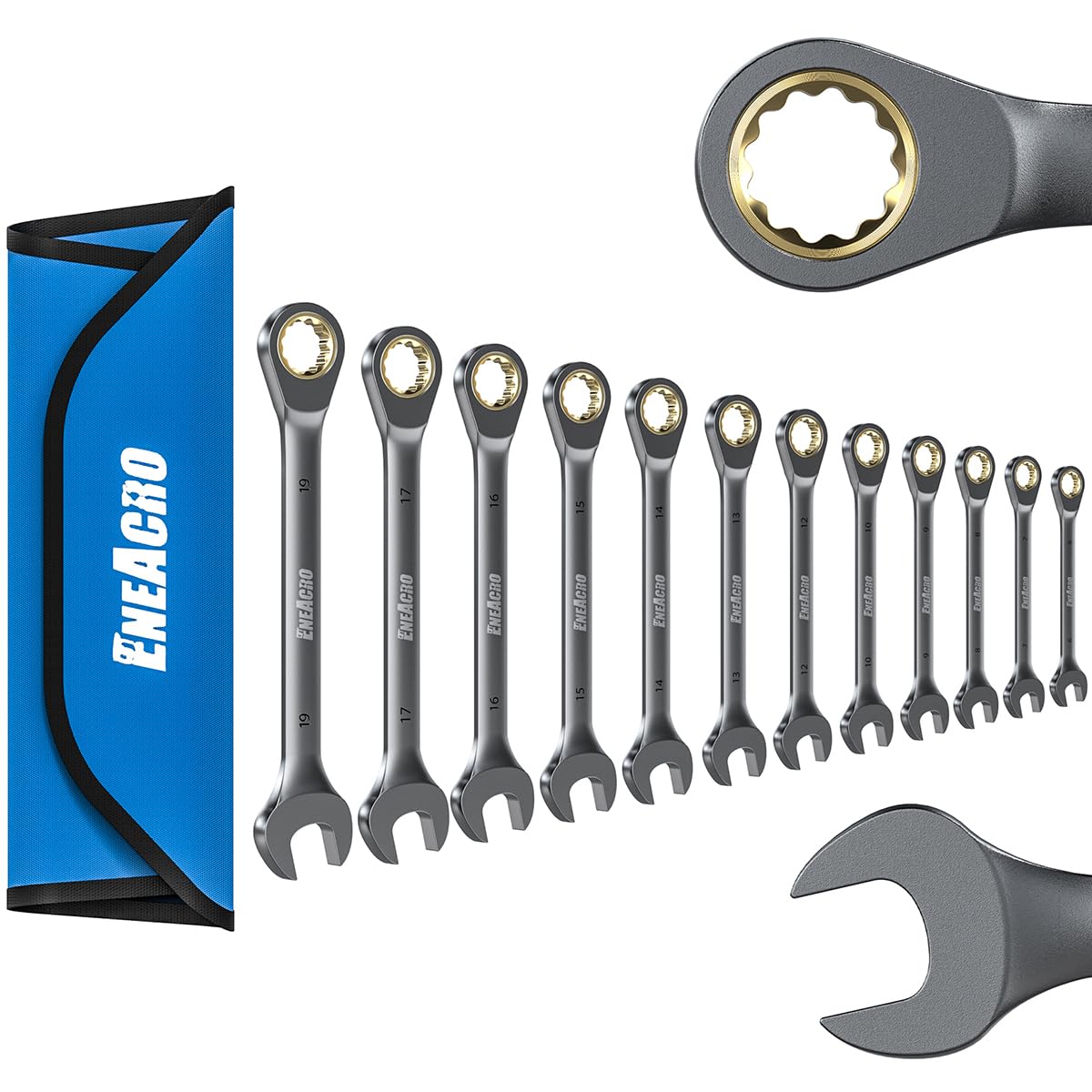ENEACRO Combination Ratcheting Wrench Set, 12-piece Anti-Slip Ratchet Wrench Set, Metric 6-19mm, 72-Tooth, Cr-V Constructed, Nickel Plating with Rolling Pouch