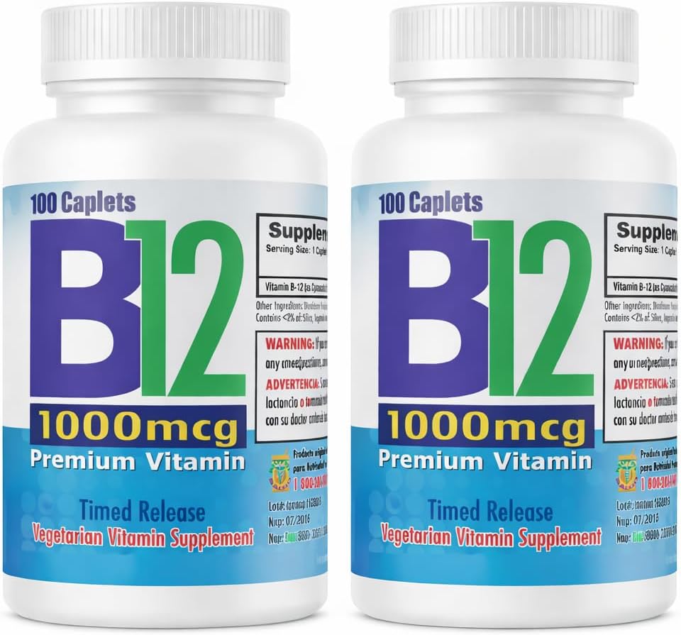 Nutrisalud Products Vitamina B12 de alta potencia, 1000mcg, Set de 2 frascos con 100 tabletas c/u. Combate Anemia, fatiga, aumenta la energia, revitaliza el sistema nervioso.